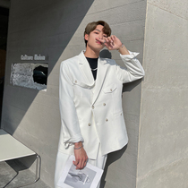 pop mens early spring white casual suit mens ribbon stitching double-breasted micro loose suit jacket men