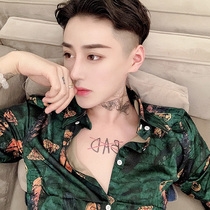 pop mens summer mens print shirt short sleeve Korean version of the trend handsome very fairy flower shirt Half sleeve men