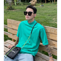 pop mens Korean ins solid color T-shirt trend fluorescent green loose Joker casual half high collar short sleeve base shirt