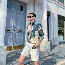 pop Mens Summer Men Half Sleeve Print Shirt Loose Personality Blue Flower Trend Flower Shirt Half sleeve