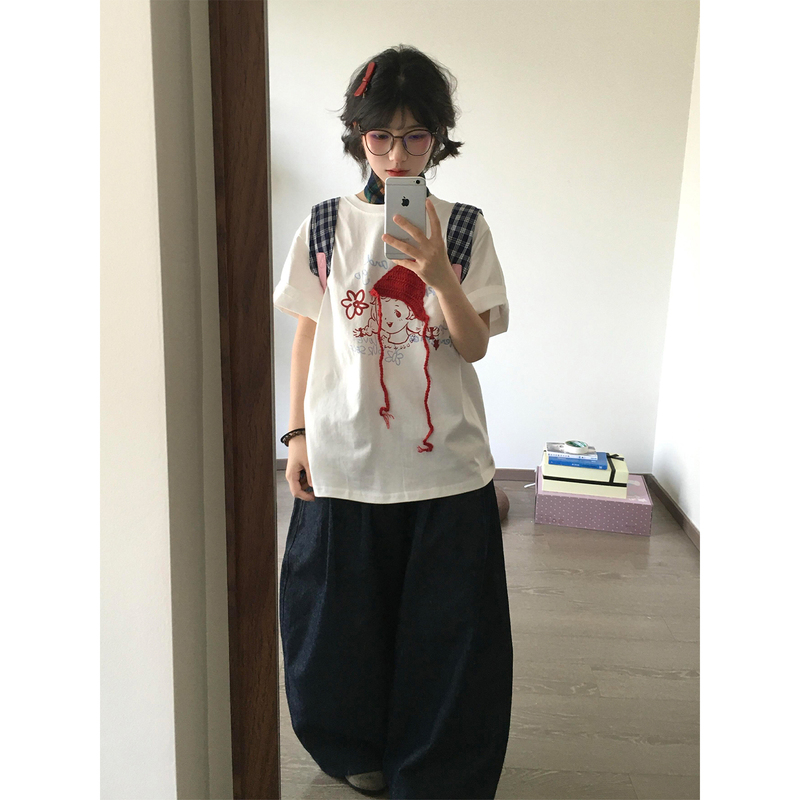 American-Style Cartoon Casual Sports Suit for Women, Summer Outfit, Sweet and Cute Little Girl Short-Sleeved Nine-Quarter Pants Two-Piece Set