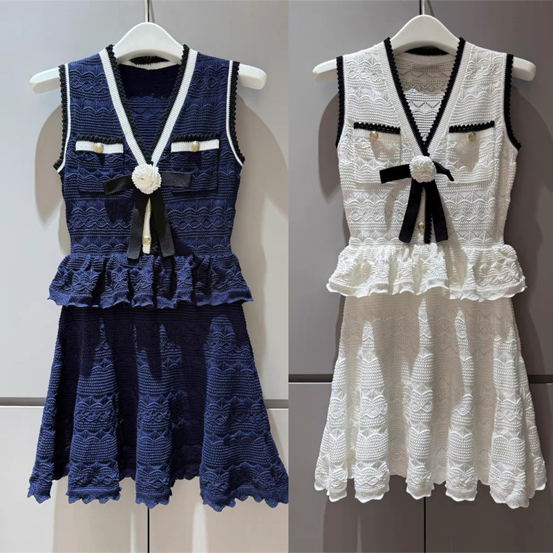 High-End Version European French Style Sophisticated Color-Blocked Bow Sweet Ruffle Short Sleeveless Knit Dress