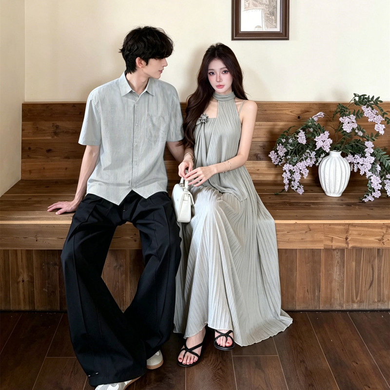 Couple Outfits: One Dress and One Shirt, 2026 New Summer French Retro Minimalist Style Elegant Dress with Halter Neck, Slimming and Trendy Couple Outfits: One Dress and One Shirt, 2026 New Summer French Retro Minimalist Style Elegant Dress with Halter Neck, Slimming and Trendy