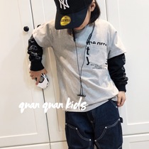 Korean Boy Clothing Spring Autumn New Childrens Baby Letters Printed Pure Cotton Grey Leave Two Long Sleeves T-shirt