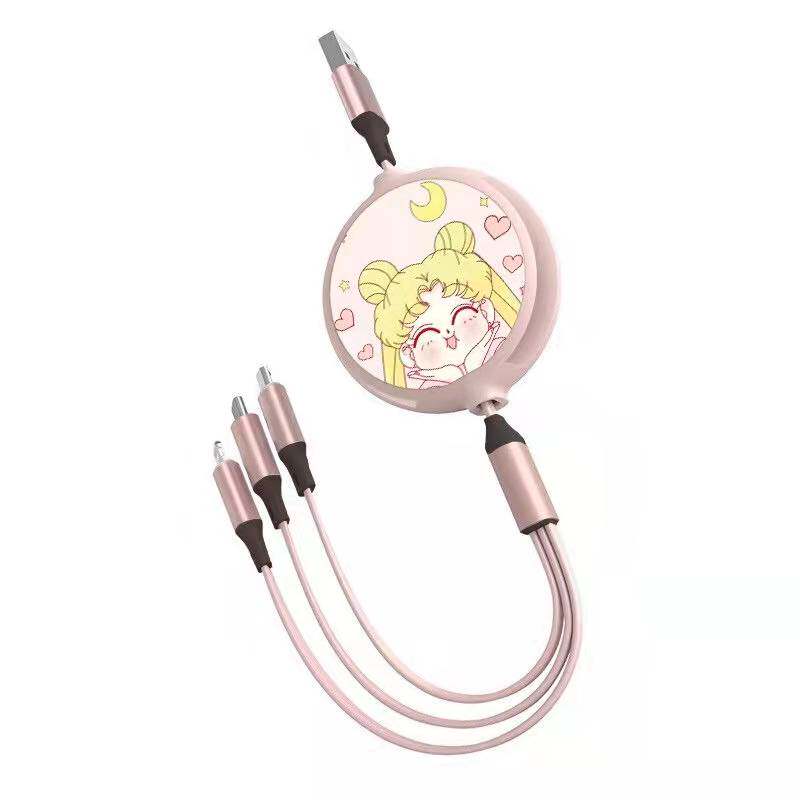 2022 cartoon cute three-in-one telescopic charging cable typec data cable Android mobile phone fast charging cable