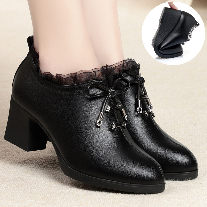 2022 spring and autumn new mother shoes mid-heel bag shoes leather soft bottom plus velvet middle-aged casual leather shoes bow women's shoes