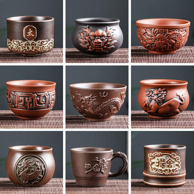 Yixing purple clay Double Dragon Tea bowl, Zhu Clay tea Tasting cup, large hand-carved dragon and Phoenix tea cup, reverse mouth cup, master cup