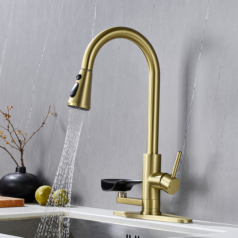 Stainless Steel Kitchen Faucet with Built-In Cup Washer, Hot and Cold Pull-Out Faucet, Sink Basin, Rotating Brushed Gold Finish for Home Use