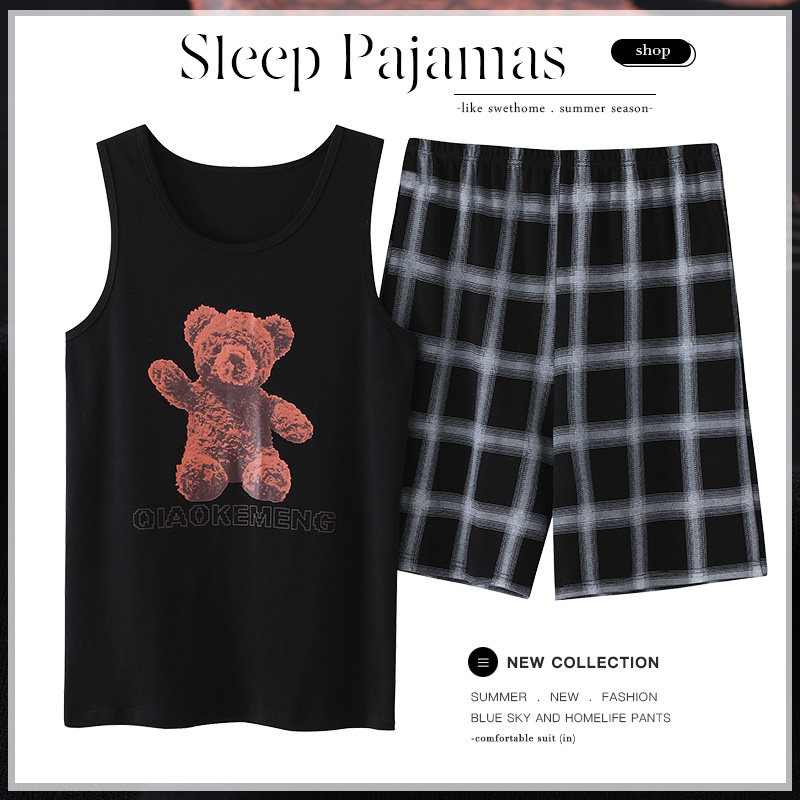 Pajamas men's summer sleeveless vest shorts large size plaid homewear men's summer casual thin section can be worn outside