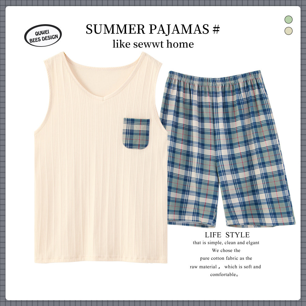 Pajamas Men's Vest Shorts Summer Pure Cotton Teen Students Summer Casual Large Size Home Clothes