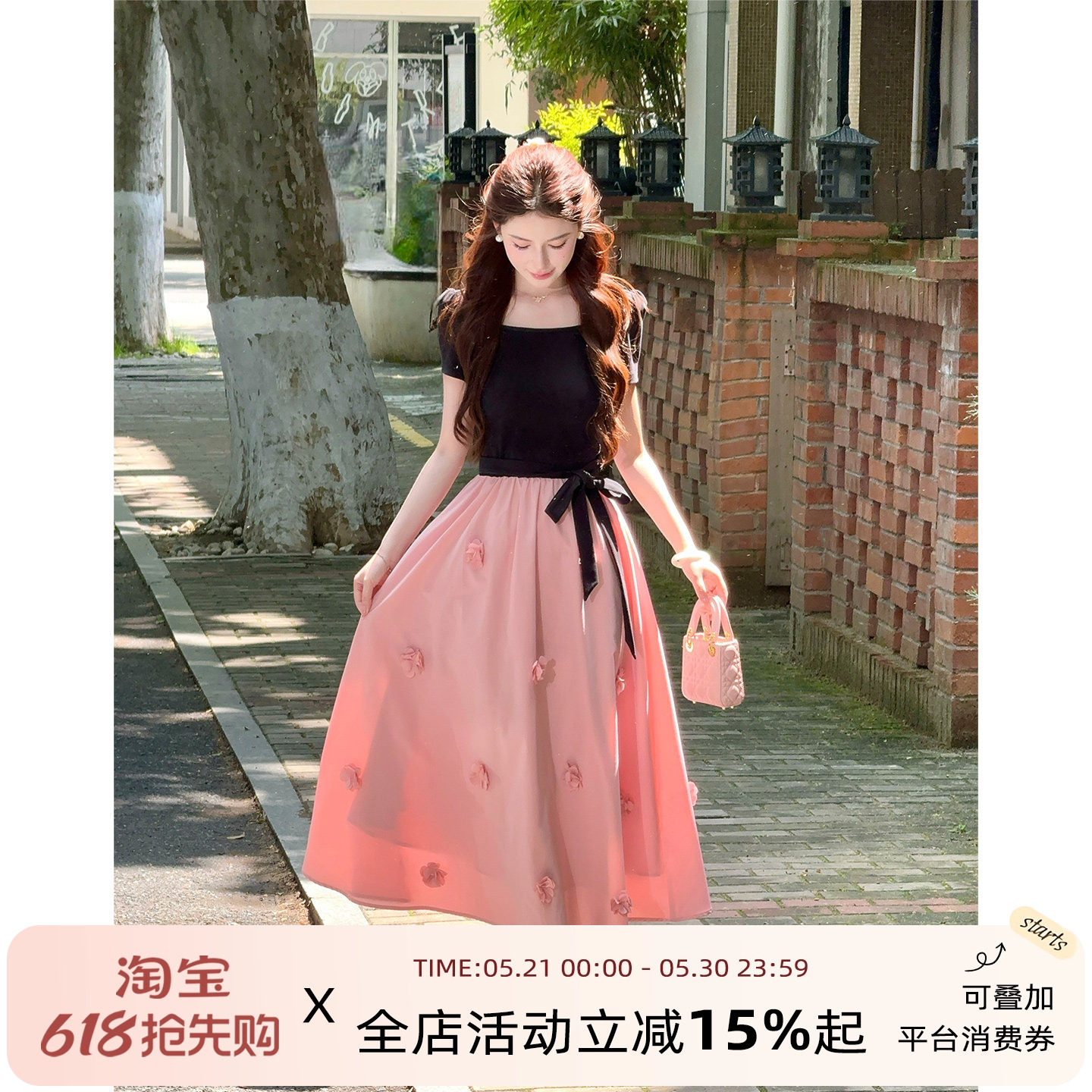 LiLi Li Family (black powder Monet) French design sense three-dimensional flower long skirt splicing waist cinching dress for women