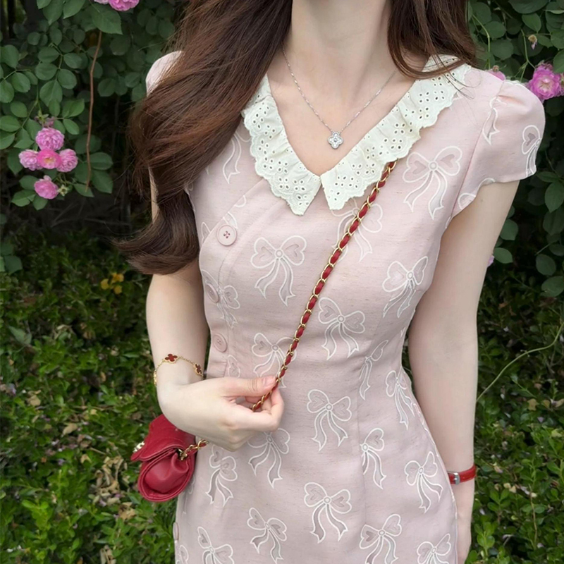 Qiqi Hengmang [Bow] Doll Collar Hollow Bow Cheongsam 2026 Summer New Sweet Style Dress