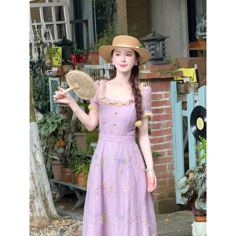 Lili Lili's Home【Wisteria Mist】French-Style Gentle Embroidery Purple Long Dress for Women, Stunning Fairy Dress Lili Lili's Home【Wisteria Mist】French-Style Gentle Embroidery Purple Long Dress for Women, Stunning Fairy Dress