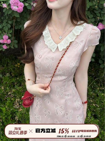 Qiqi Hengmang [Bow] Doll Collar Hollow Bow Cheongsam 2025 Summer New Sweet Style Dress