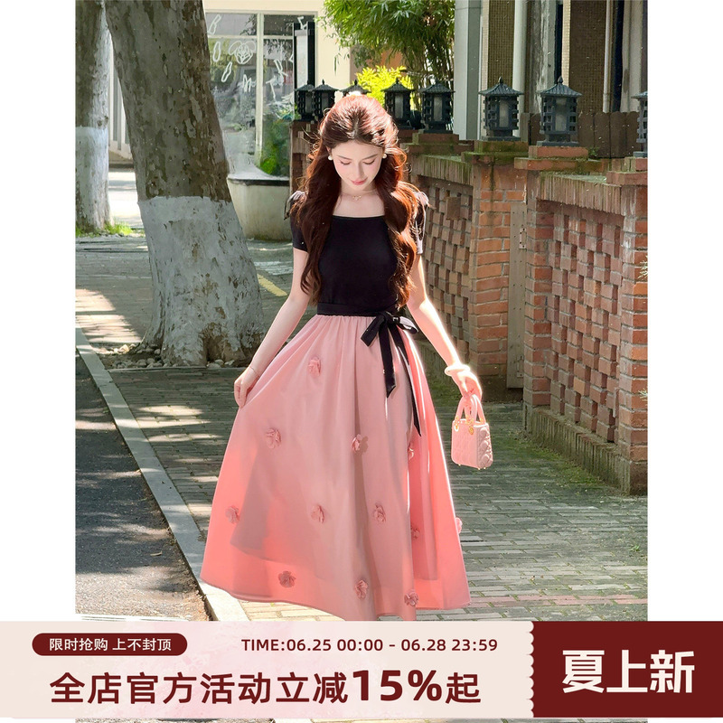 Lili Lili's Home [Black Fan Monet] French-Style Design Three-Dimensional Floral Long Dress with Patchwork Waist-Cinching Dress for Women
