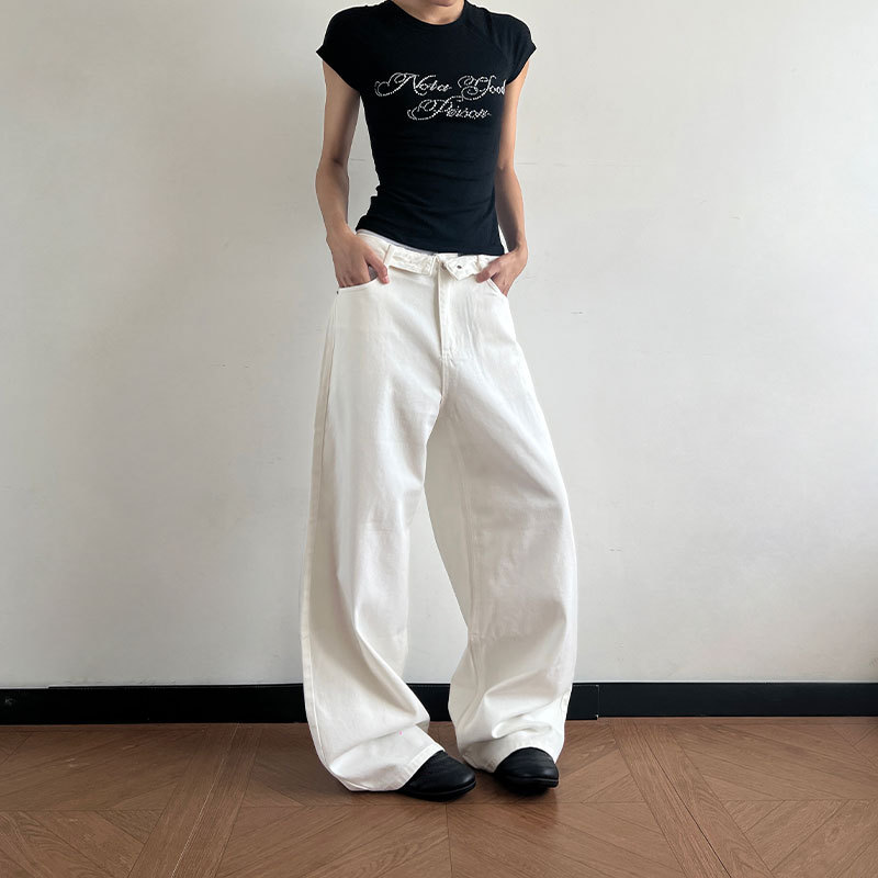 Breeze Korean Retro Cuffed Waistband Casual Pants for Women, Vintage Versatile White Jeans