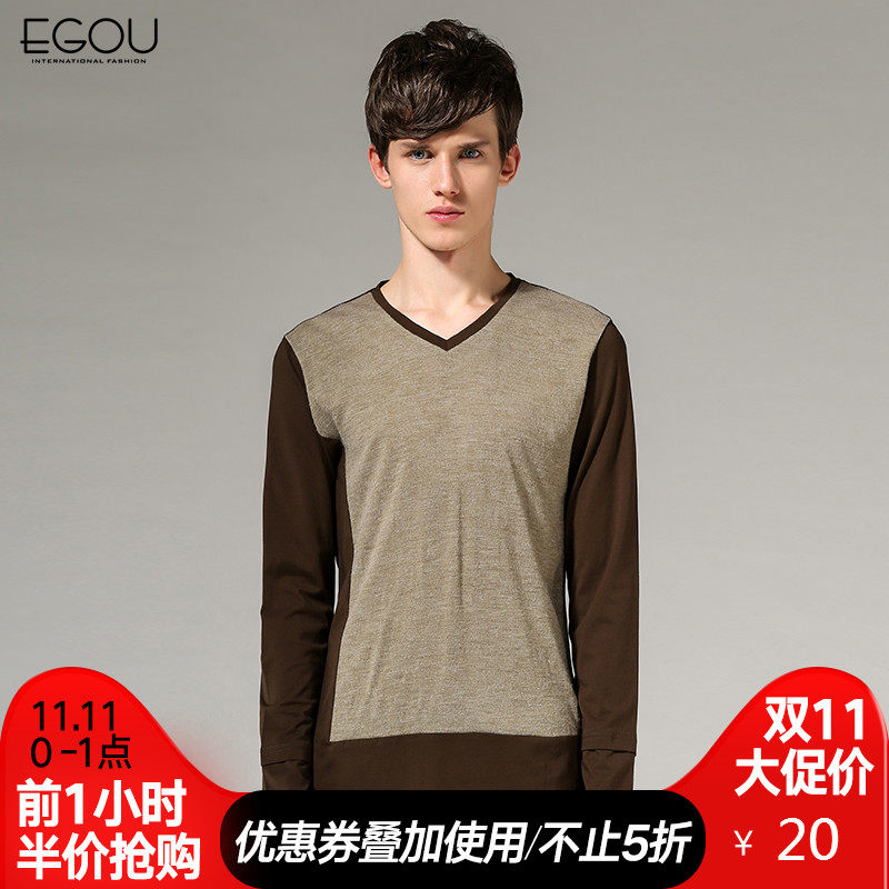 EgouT恤男 长袖2017春季新款韩版宽松男士体恤青少年V领衣服学生