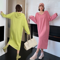 Maternity Spring Top Dress 2021 Korean Candy Color Fashion Cotton T-Shirt Size V-neck Hooded Long Sleeve Dress
