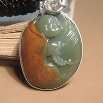 I lost money in dialect quality Hetian jade Xinjiang orange red Qinsha jujube green seed material Laughing Buddha silver inlaid jade pendant pendant h7