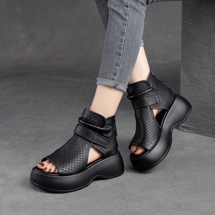 Sandalias Romanas De Cuero Para Mujer Con Plataforma Y Tacón_voghion.com