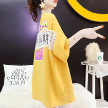 2021 Summer pregnant women loose top belly Korean version of long print lace stitching round neck short sleeve t-shirt women