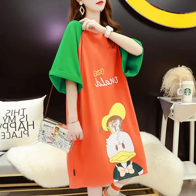 2021 large size Charted short sleeves T-shirt Skirt Woman Medium Long version of blouse Pregnant Pregnant Woman Loose Blouse to cover Korean version
