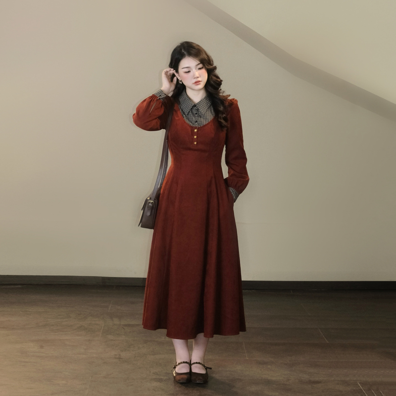 Plus-Size Women's Clothing [British Tea] French Retro Hong Kong Style Elegant Long-Sleeve Dress for Plus-Size Women Q8890