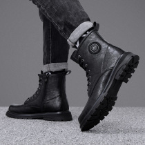 Martin boots mens winter new leather high-top mens British style all-match wear-resistant mid-top black height-enhancing shoes