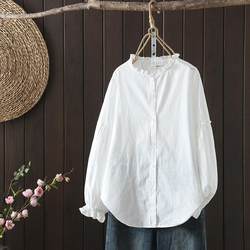 European-Style Lace Stand-Up Collar White Long-Sleeve T-Shirt Women's Shirt with a High-End Feel, Pure Cotton, Loose Fit, Large Size, Suitable for Spring and Autumn 2025
