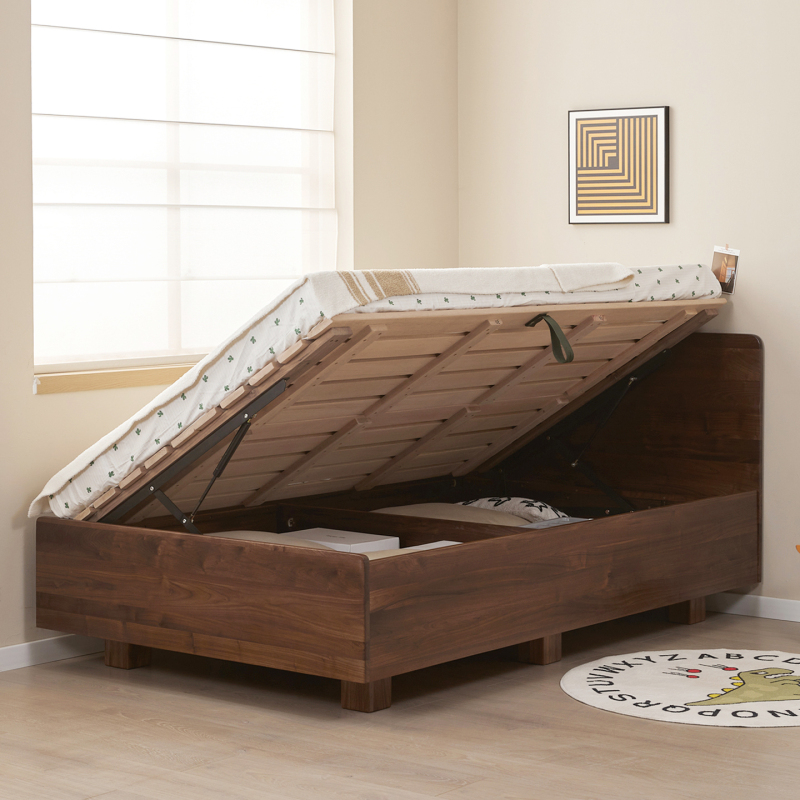 All Solid Wood Black Walnut Side-Opening High-Box Storage Bed with Air Pressure Suspension and Off-The-Ground Storage for Children, Single or Double Bed