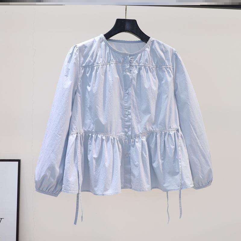 Pleated Design Light Blue Blouse for Women, Spring and Summer Korean Style Fashion Loose Long-Sleeve Shirt Trend