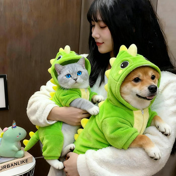 Dog and cat clothes, autumn and winter warm traction dinosaur clothing, warm and thickened pet anti-shedding plus velvet four-legged clothing