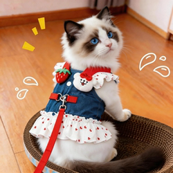Cat Harness Leash with Cartoon Denim Skirt, Pet Dog Princess Dress, Thin Style