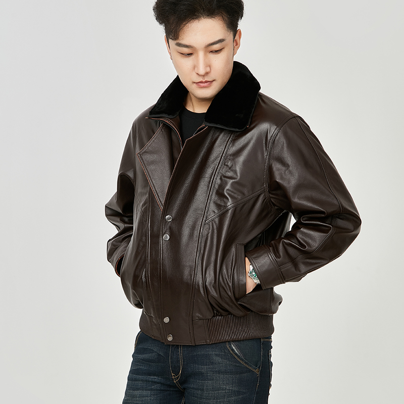 Cowhide Leather Jacket for Men, Golden Mink Fur Integrated Lining, A2 Pilot Leather Jacket, Men's Genuine Leather Flight Suit for Winter