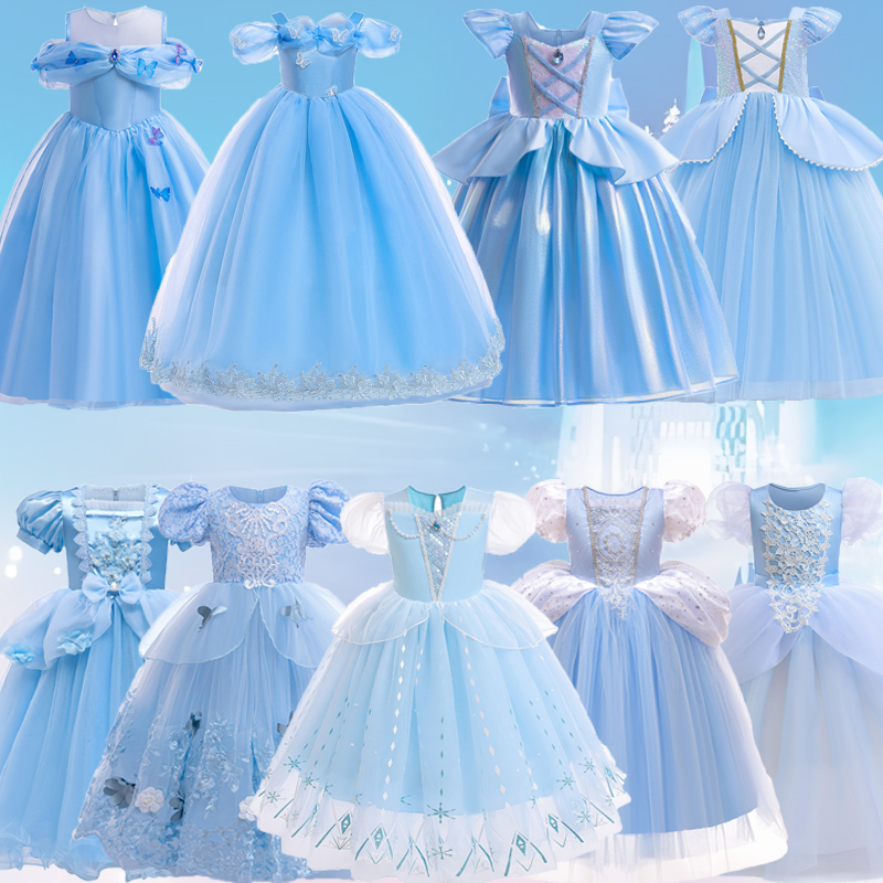 Girls' Cinderella Dress, Elsa Tutu Skirt, Kidsren's Birthday Dress with Puff Sleeves, Halloween Performance Costume