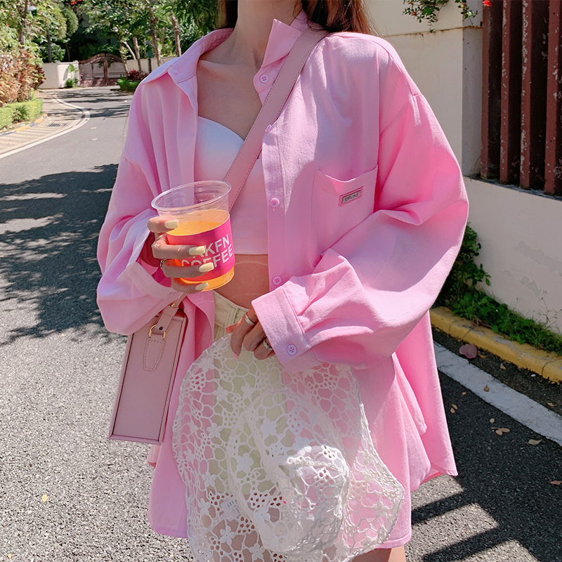 Lin Chumei Pink Jacket Shirt for Women, Spring and Summer Korean Style, Loose Thin Mid-Length Pure Cotton Casual Long-Sleeve Shirt