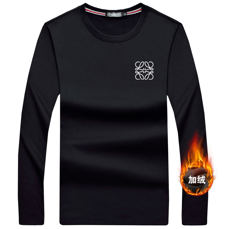 European High-End Fleece-Lined Trendy Men's Long-Sleeve T-Shirt, Pure Cotton Crew Neck, Trendy Brand European Goods, Base Shirt, Solid Color Top