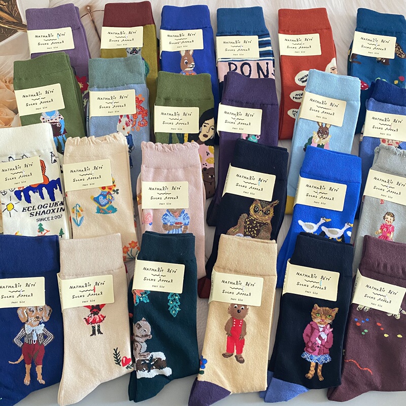 Korean Socks Ab Version Women's Socks Forest Fairy Tale Student Style Retro Kitten Trendy Socks Series Cartoon Mid-Tube Cotton Socks