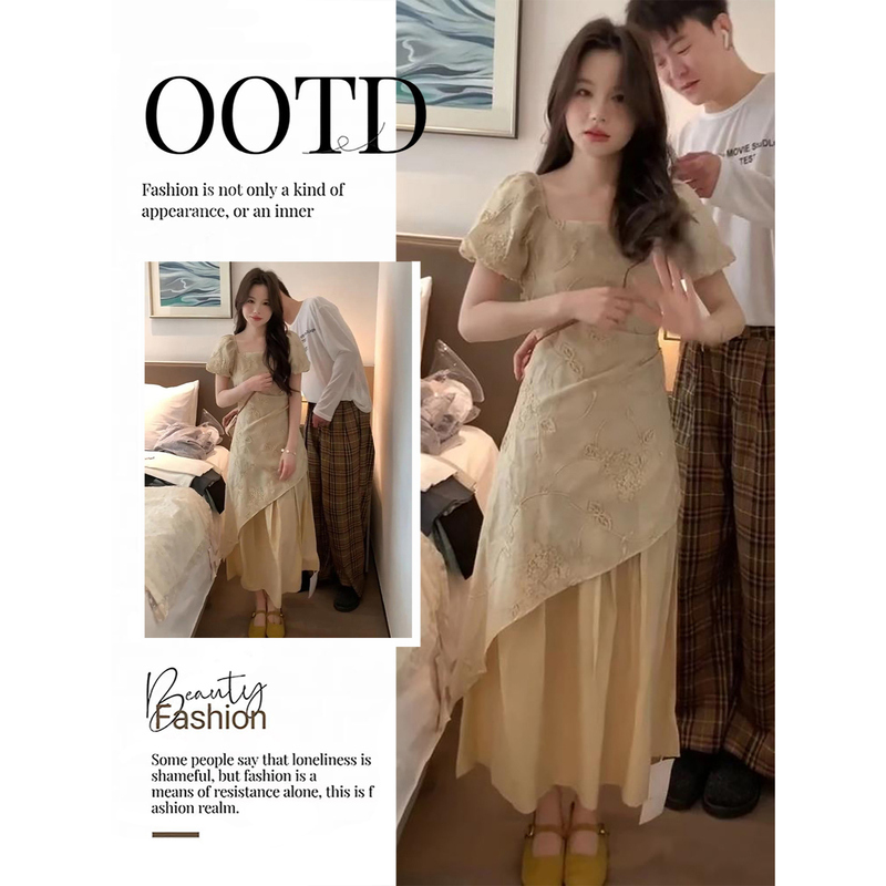 New Chinese-Style Retro Embroidered Square-Neck Dress for Women, 2026 Summer New Style, Petite Elegant Tie-Waist Long Dress