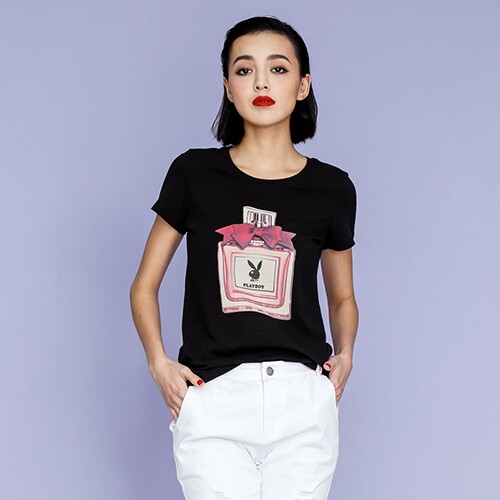 PLAYBOY- Bow Knot Diamond Perfume Bottle T-Shirt-Black - Taobao