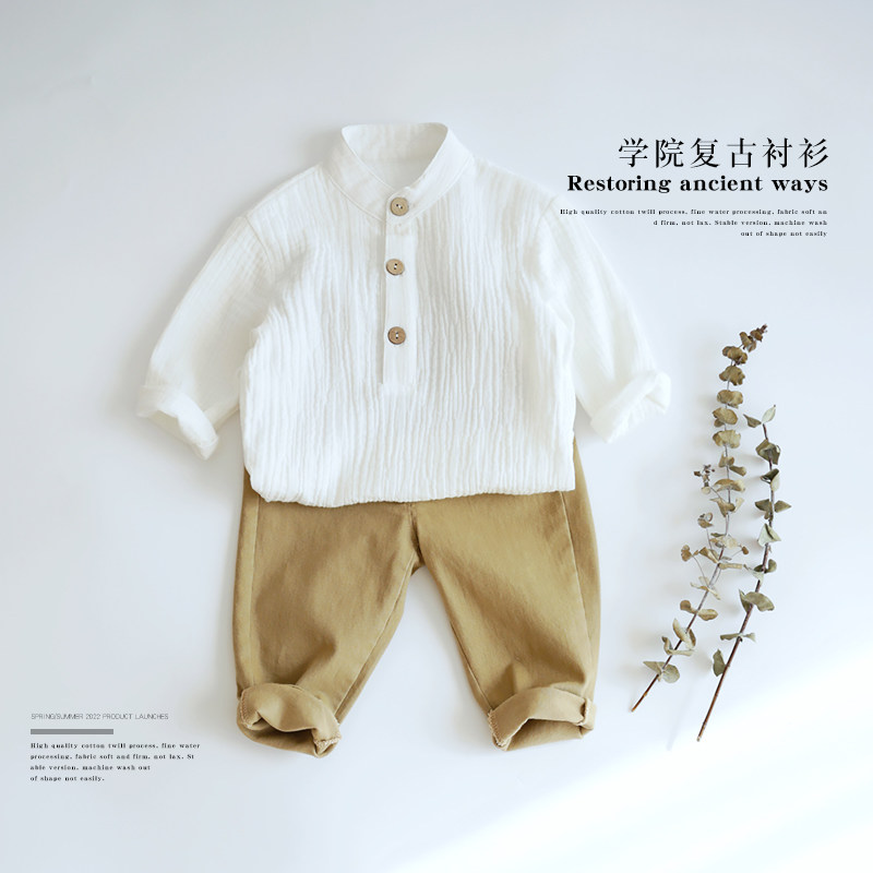 Retro tone children's spring and summer tops boys' shirts Soft and waxy feel stand-up collar T-shirts small wooden button baby shirts