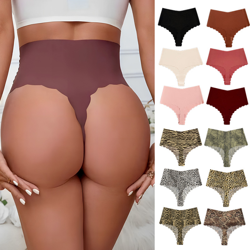 Plus-Size European and American High-Waisted Thong Panties for Women, Ice Silk Briefs, T-Back Panties, Fitness and Sports Tummy Control Pants, Wide-Brimmed Sexy T-Back Panties