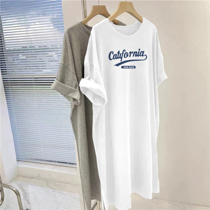 Mid-Length Over-The-Knee Pure Cotton White Short-Sleeved Dress for Women, New Summer Style, Stylish Loose Lettered Slit T-Shirt Dress