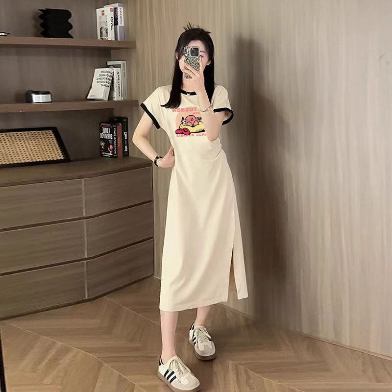 Mid-Length Over-The-Knee Pure Cotton Short-Sleeved Dress for Women, Summer 2025 New Style, Large Size, Loose, Belly-Covering, Slit T-Shirt Dress Mid-Length Over-The-Knee Pure Cotton Short-Sleeved Dress for Women, Summer 2025 New Style, Large Size, Loose, Belly-Covering, Slit T-Shirt Dress