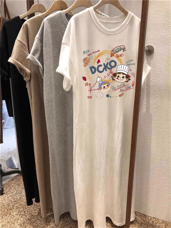 Mid-Length Over-The-Knee Pure Cotton White Short-Sleeved Dress for Women Summer 2026 New Large Size Loose Slit T-Shirt Dress