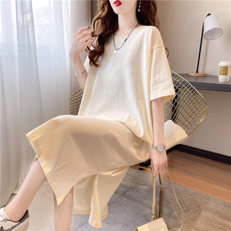 Mid-Length Over-The-Knee Pure Cotton Short-Sleeved Dress for Women, Summer 2026 New Style, Large Size, Loose Fit, Outerwear, Slit T-Shirt Dress