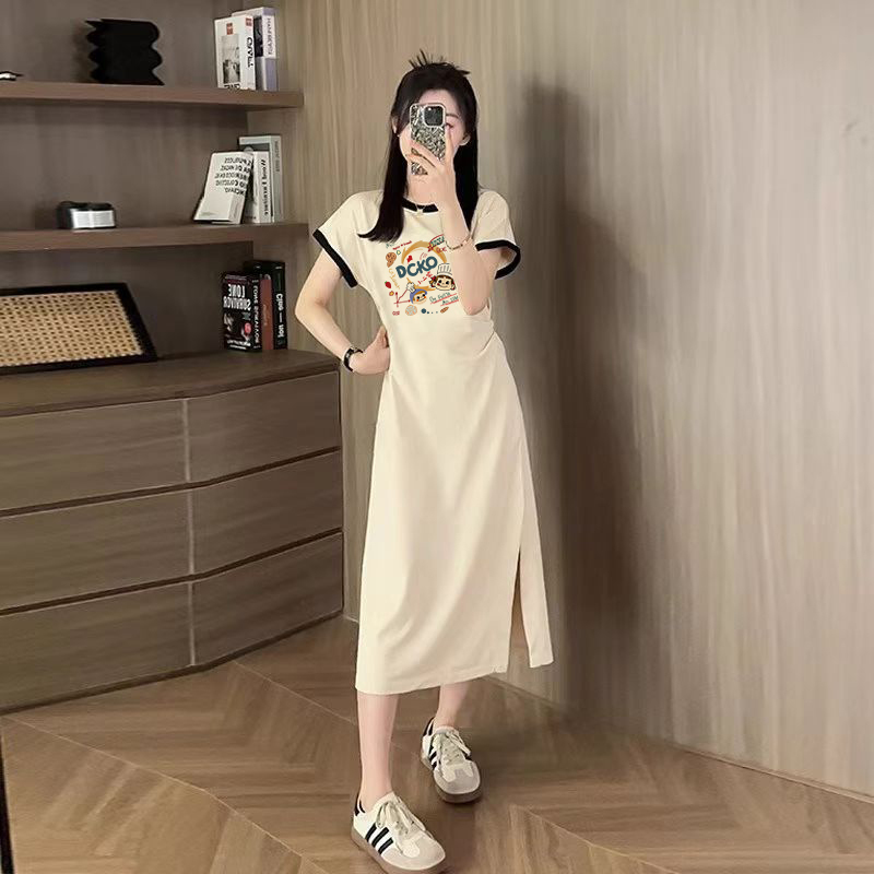 Mid-Length Over-The-Knee Pure Cotton Short-Sleeved Dress for Women, Summer 2026 New Style, Lazy Style, Large Size, Loose Slit T-Shirt Dress Mid-Length Over-The-Knee Pure Cotton Short-Sleeved Dress for Women, Summer 2026 New Style, Lazy Style, Large Size, Loose Slit T-Shirt Dress