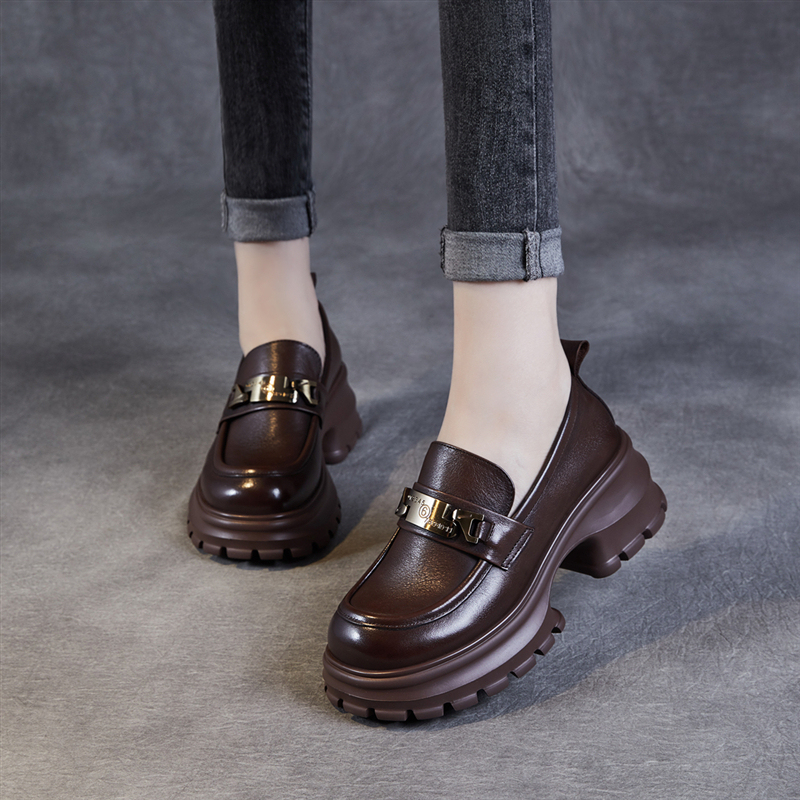 Genuine Leather Thick-Soled Platform Shoes for Women 2026 Spring and Autumn New Versatile High-Heeled Shoes Chunky Heel Loafers Casual Leather Shoes