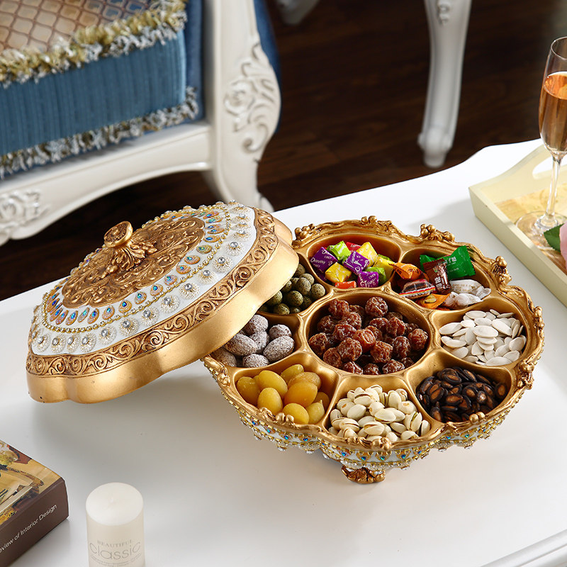 Home Luxury Nine-grid Big Cover Dried Fruit Plate European Living Room Tea Table Candy Dried Nut Creative Decoration Storage