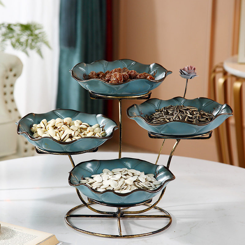 Creative lotus wrought iron four-compartment multi-layer dried fruit plate home living room dining table coffee table ornament ceramic fruit plate candy plate